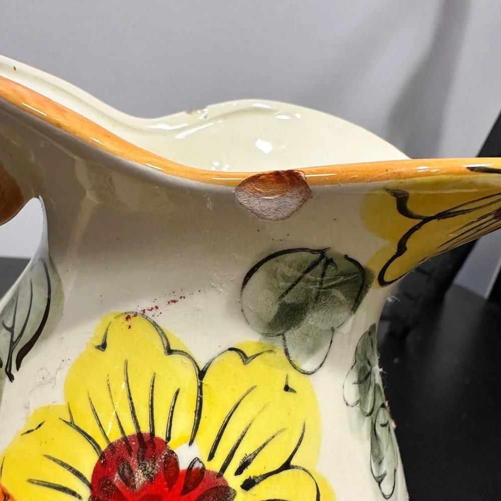 Vintage Floral Ceramic Pitcher Cream Yellow Orange Flowers Kitchen Decor‎